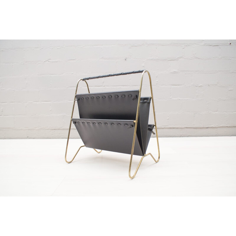 Vintage Austrian leather & brass magazine rack - 1950s