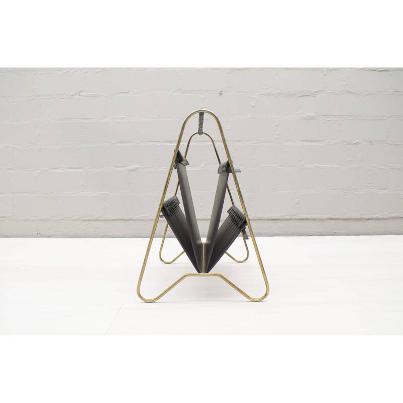 Vintage Austrian leather & brass magazine rack - 1950s