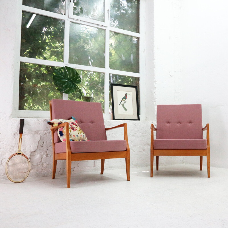 Vintage Cherrywood easy chair in pink color - 1950s