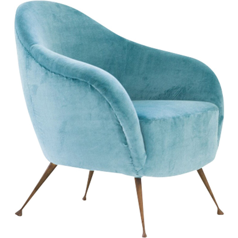 Italian Armchair with Turquoise Velvet fabric and brass legs - 1950s