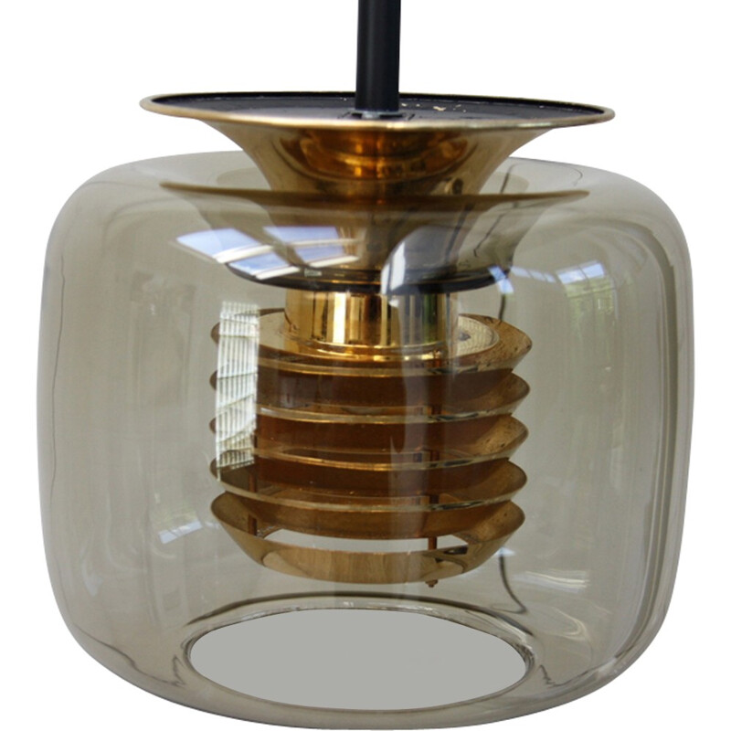 Plafonnier vintage en verre fumé et détails dorés par ERCO - 1960