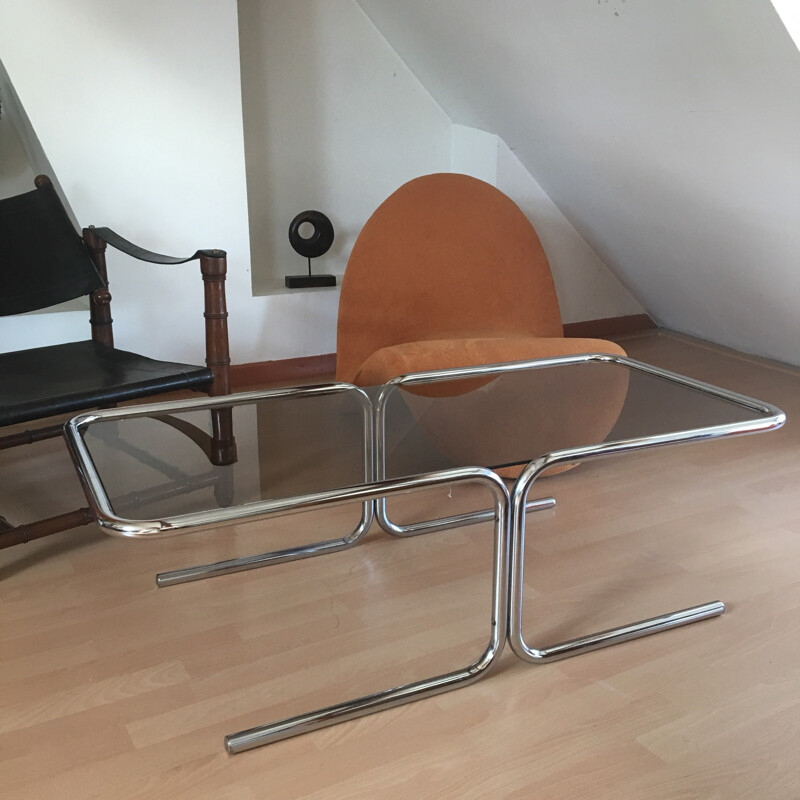 Vintage coffee table in smoked glass and chrome - 1970s