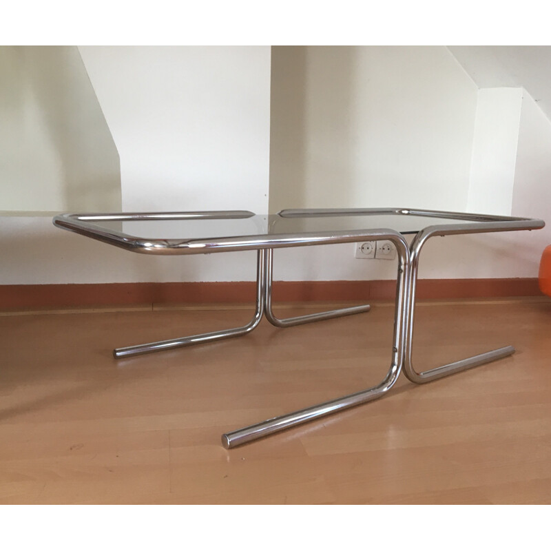 Vintage coffee table in smoked glass and chrome - 1970s