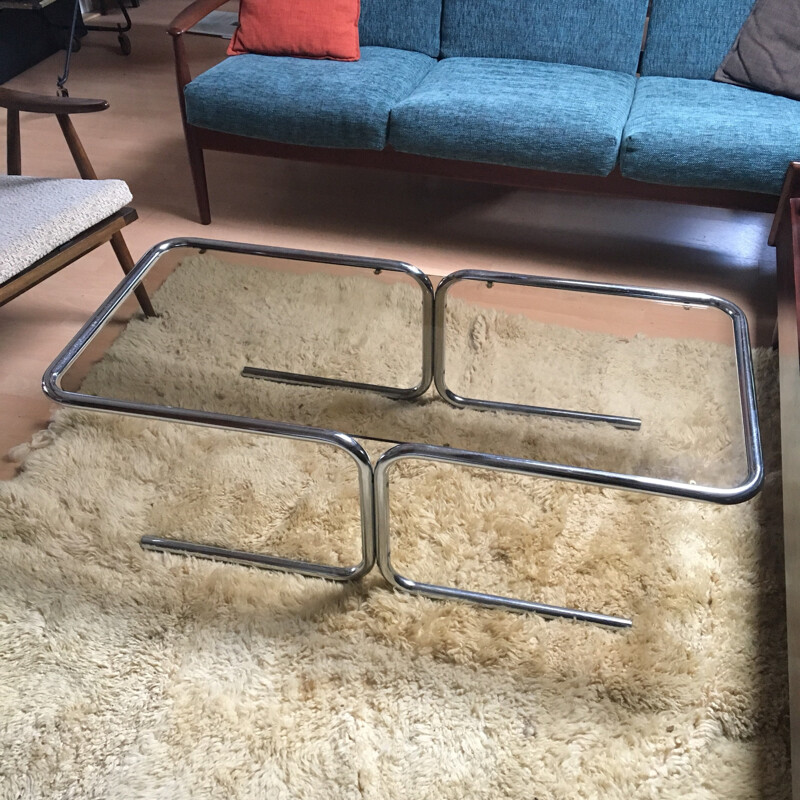 Vintage coffee table in smoked glass and chrome - 1970s