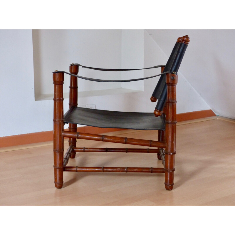 Safari leather and Wood Vintage armchair - 1940s 