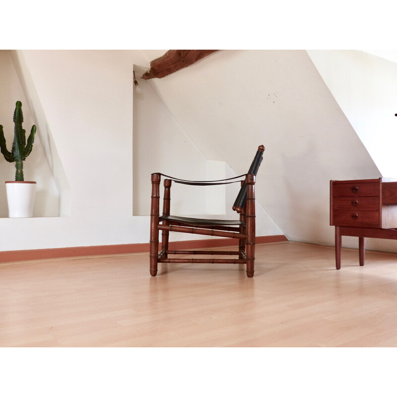 Safari leather and Wood Vintage armchair - 1940s 