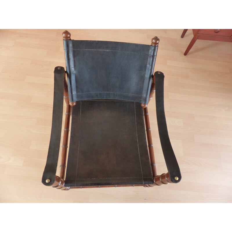 Safari leather and Wood Vintage armchair - 1940s 