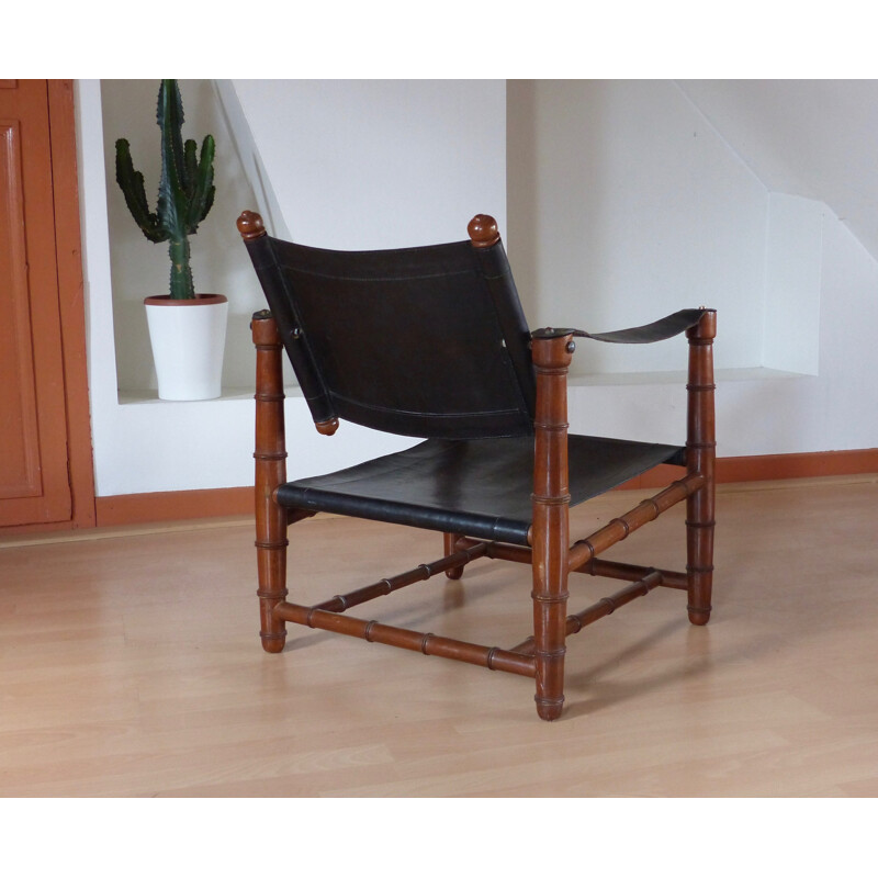 Safari leather and Wood Vintage armchair - 1940s 