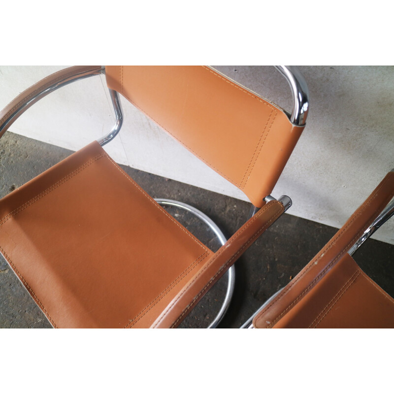 Vintage Italian tan leather dining  conference chairs - 1970s