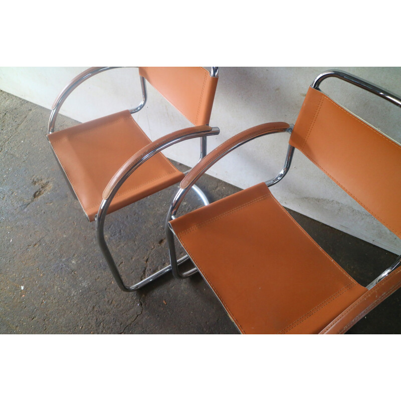 Vintage Italian tan leather dining  conference chairs - 1970s