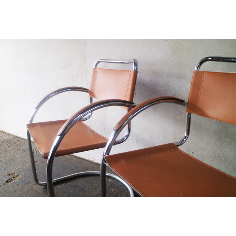 Vintage Italian tan leather dining  conference chairs - 1970s