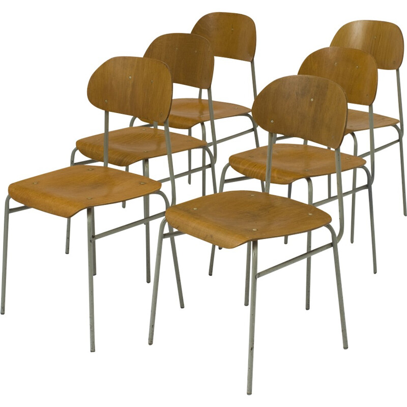 Set of 8 vintage school chairs in metal - 1960s