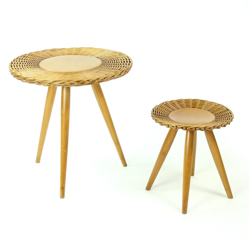 Vintage Wicker Coffee Table with Stool by Uluv - 1960s