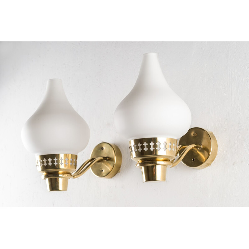 Swedish Wall Lamps in Brass and Opaline Glass by Hans Bergström for ASEA - 1950s