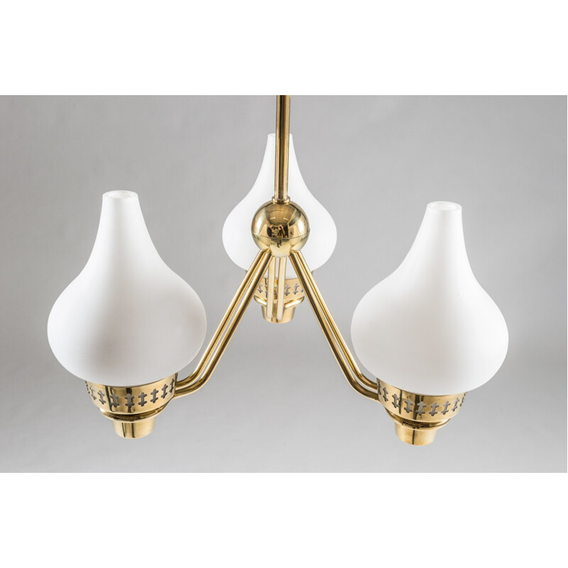 Vintage Swedish Chandelier in Brass and Opaline Glass by Hans Bergström for ASEA - 1950s