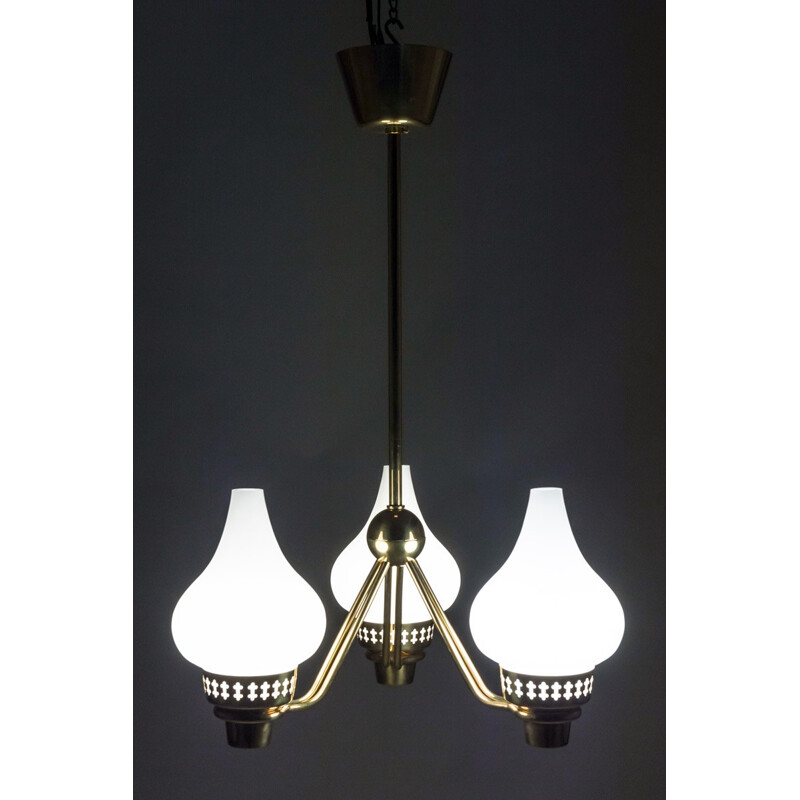 Vintage brass and opal glass chandelier by Hans Bergström for Asea, Sweden 1950
