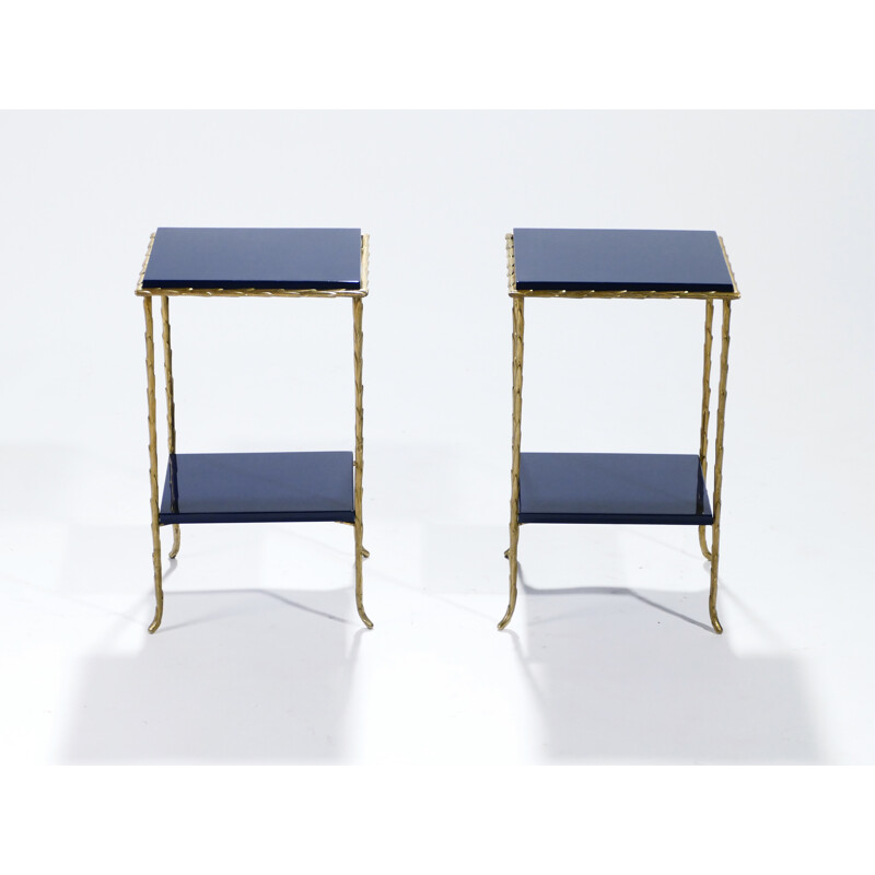 Set of 2 Vintage bronze side tables in blue color - 1960s