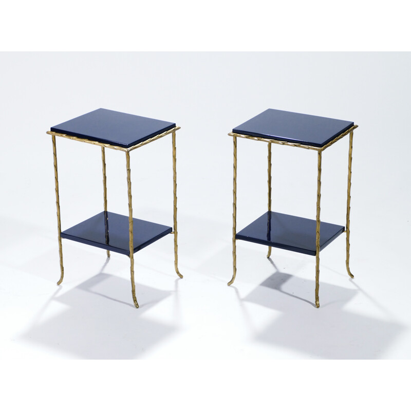 Set of 2 Vintage bronze side tables in blue color - 1960s