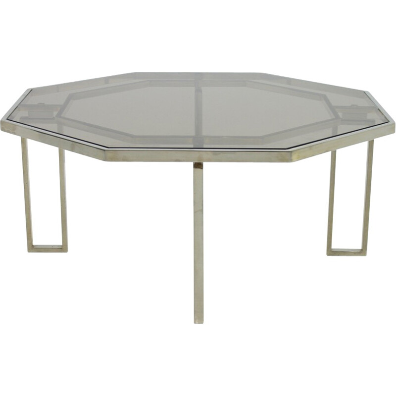 Octagonal Coffee Table with Metal Base and Glass Top - 1960s