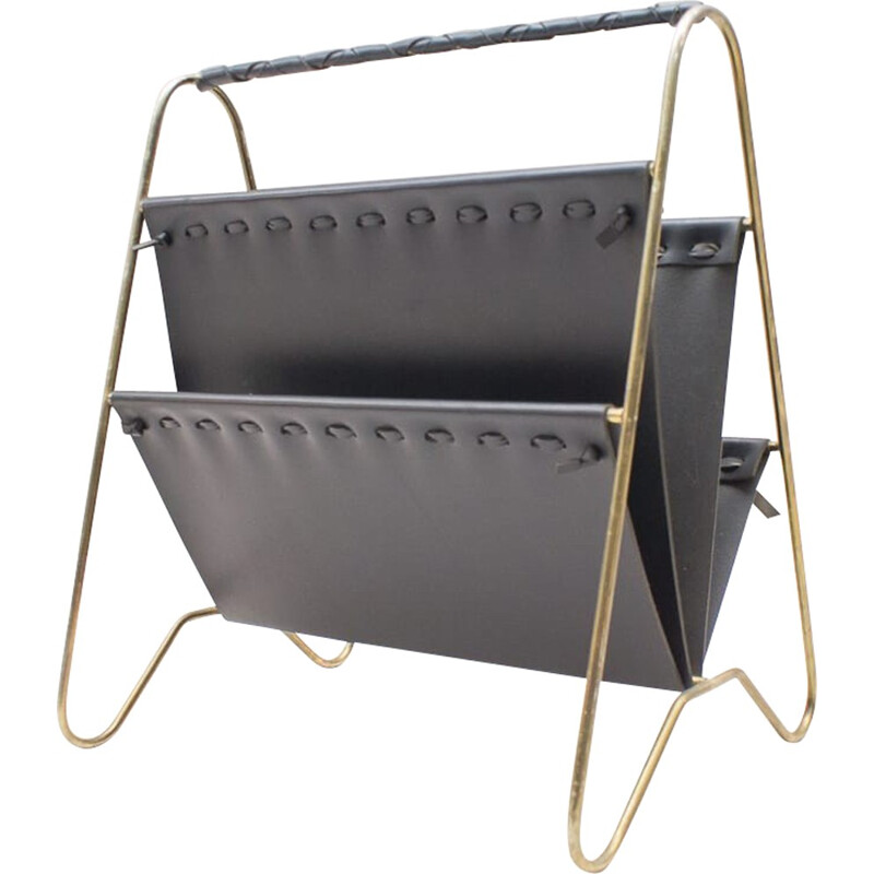 Vintage Austrian leather & brass magazine rack - 1950s