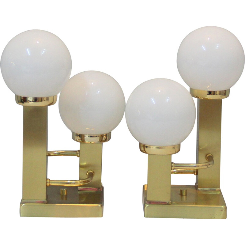 Suite of 2 Vintage table lamps in brass and opaline glass - 1970s