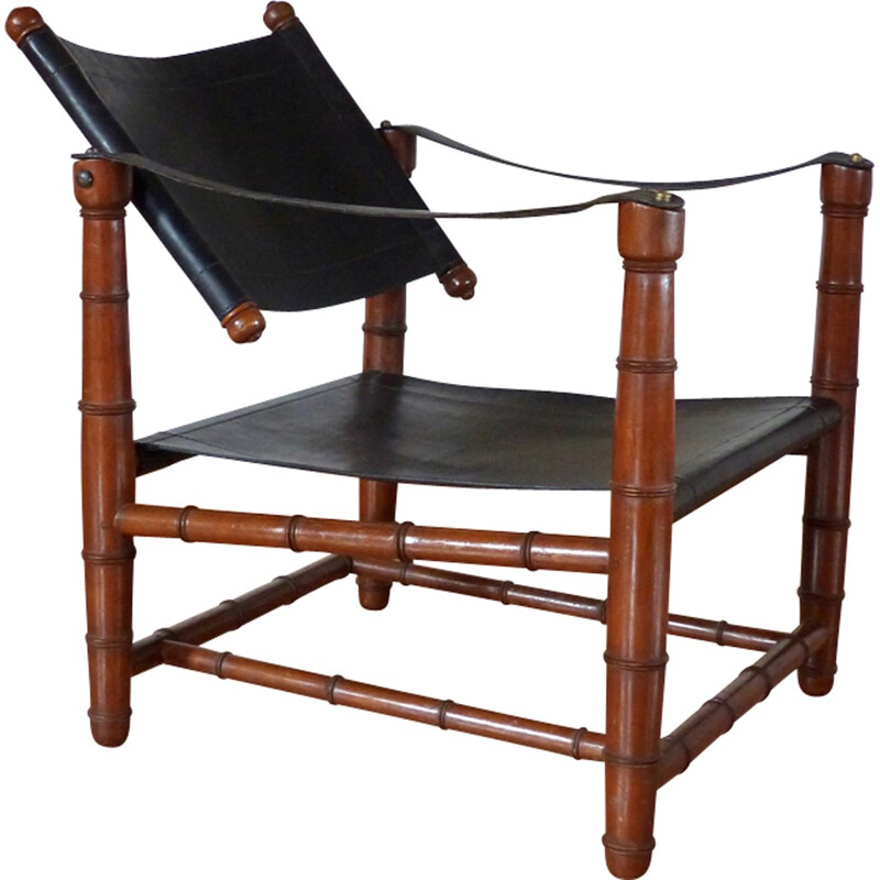 Vintage-Safari-Sessel aus Leder und Holz - 1940