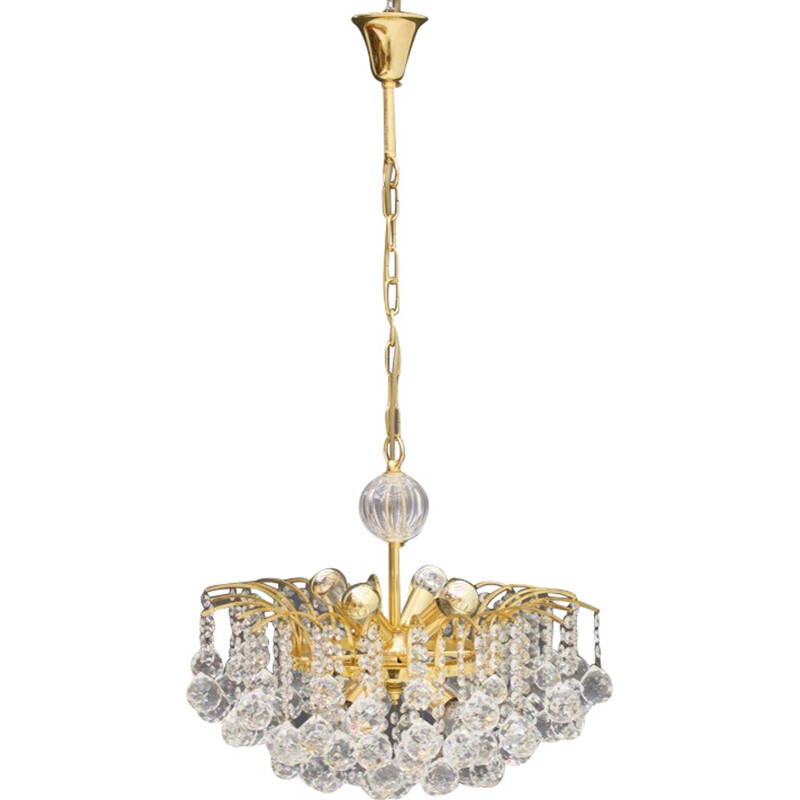 Lustre vintage en laiton doré et cristal par Christoph Palme - 1970 