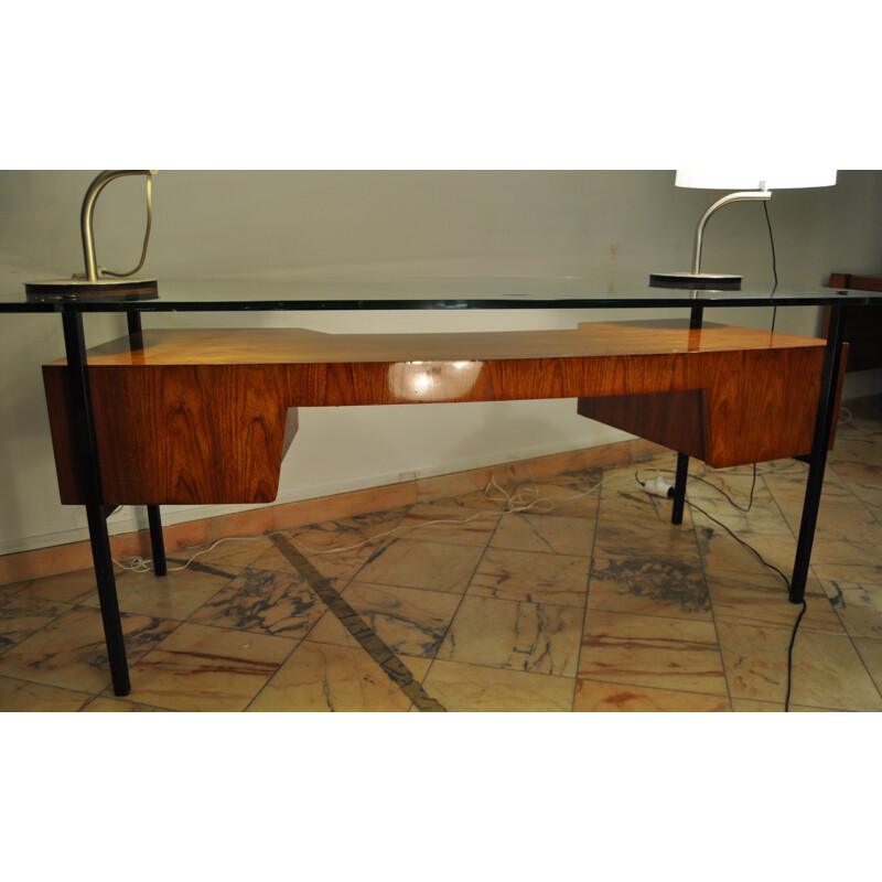 Desk in veneer ashwood and metal, HITIER - 1950