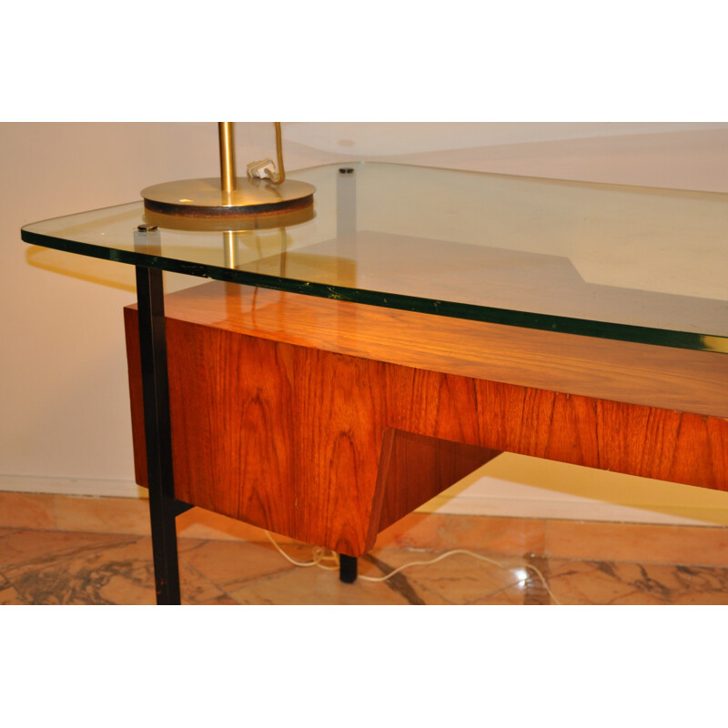 Desk in veneer ashwood and metal, HITIER - 1950