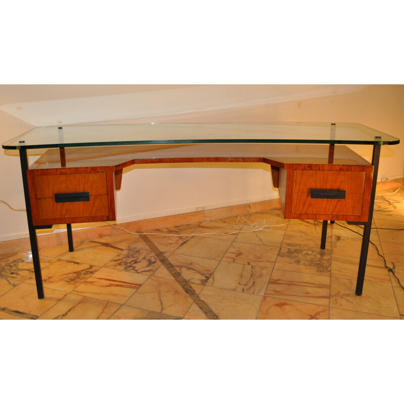 Desk in veneer ashwood and metal, HITIER - 1950