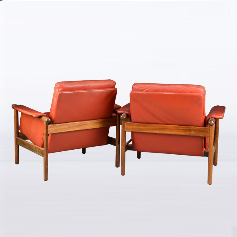 Set da salotto in pelle rossa e palissandro - 1960