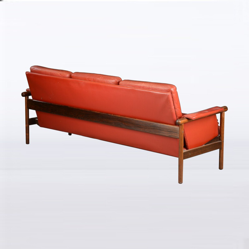 Vintage red living room set in leather and rosewood - 1960s