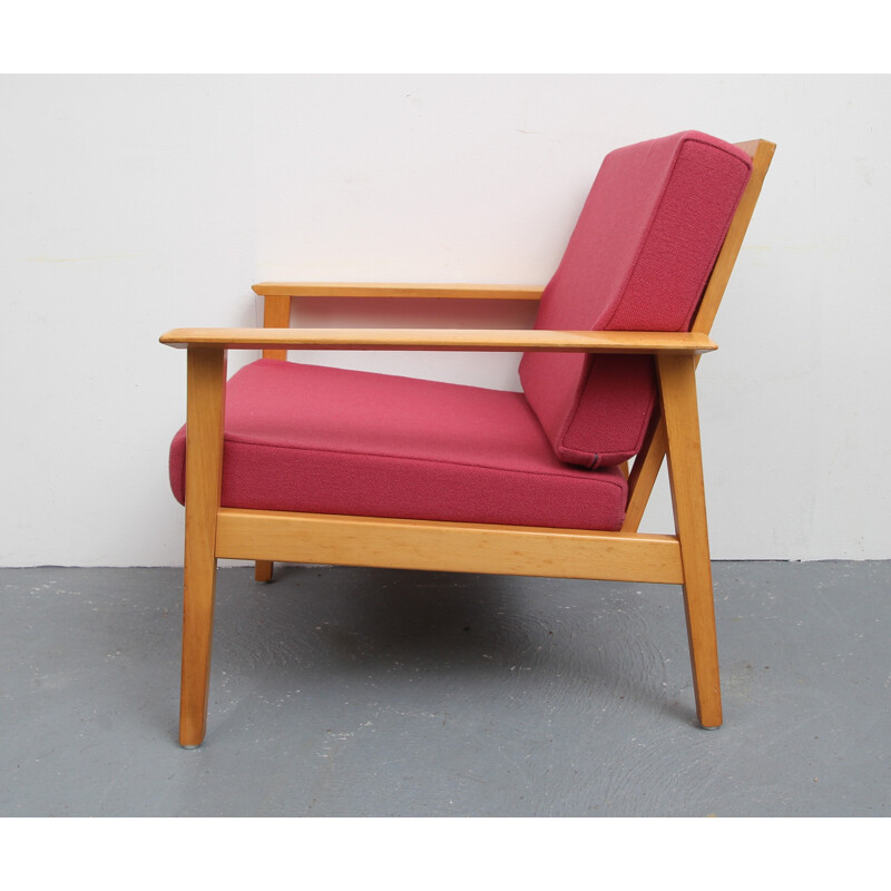 Vintage pink armchair in solid ashwood - 1960s