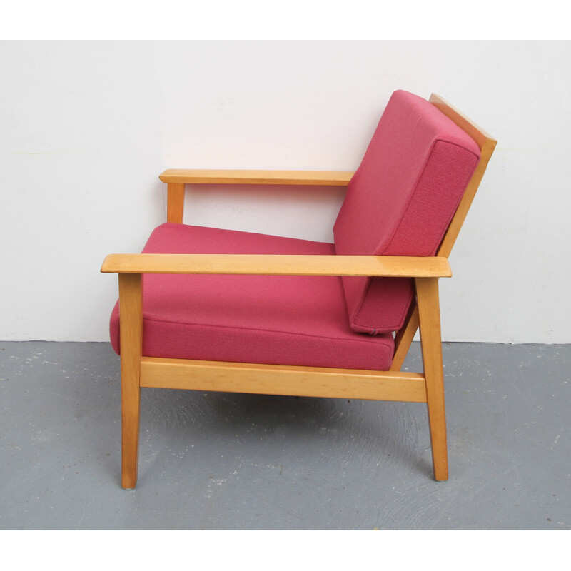 Fauteuil rose vintage en frêne massif - 1960