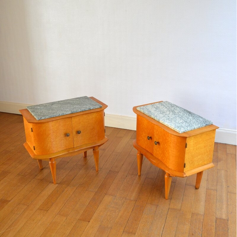 Paire de tables de chevets vintage en bois d'érable et vernis laqué - 1950