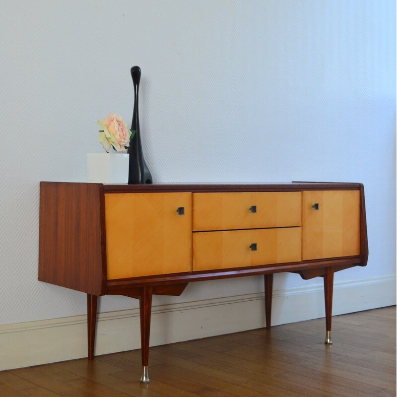 Vintage small sideboard with handles in matte black metal - 1950s