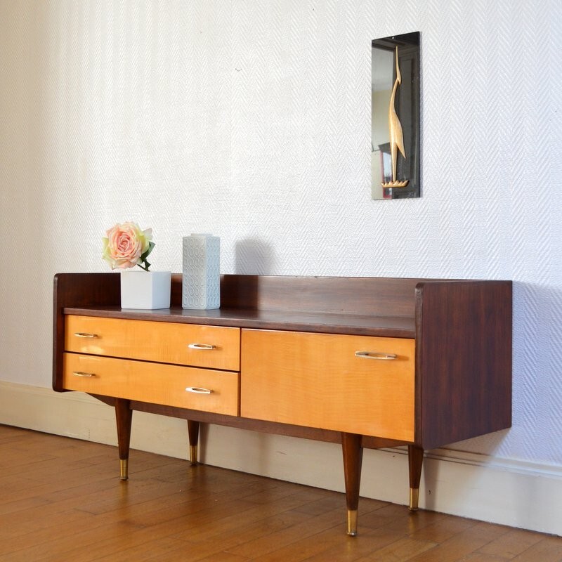 Vintage small sideboard with 2 large drawers and brass handles - 1950s