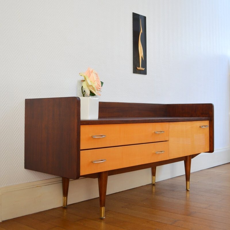 Vintage small sideboard with 2 large drawers and brass handles - 1950s