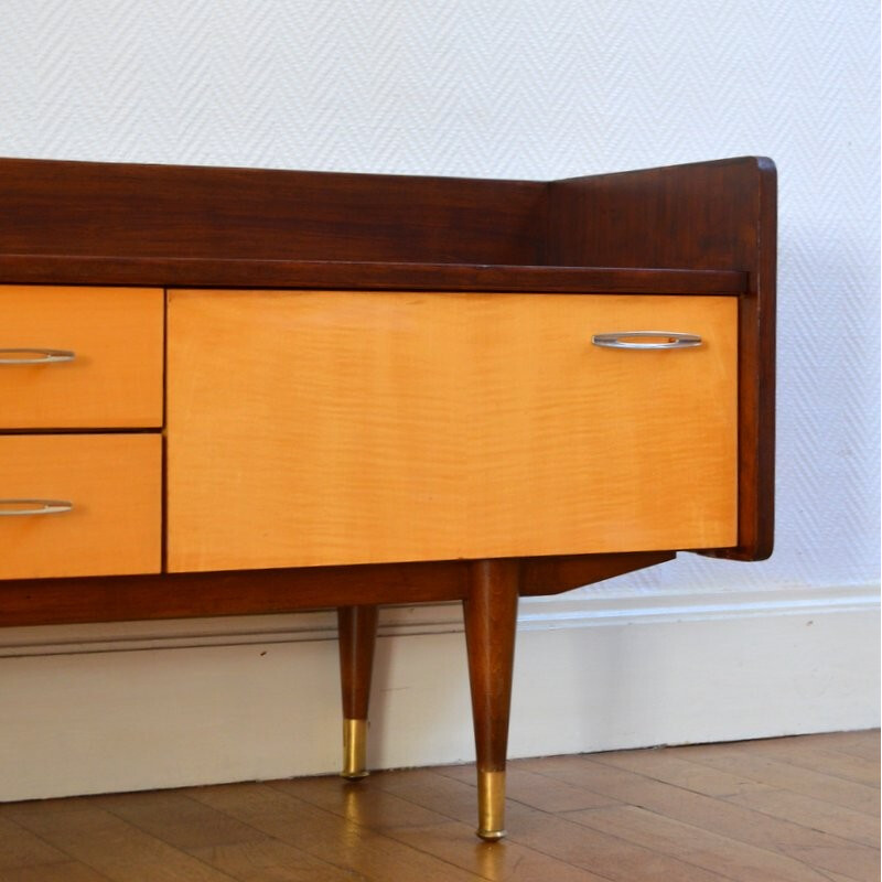Vintage small sideboard with 2 large drawers and brass handles - 1950s