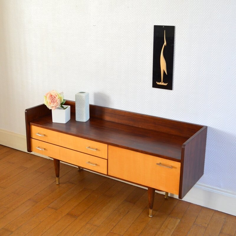 Vintage small sideboard with 2 large drawers and brass handles - 1950s