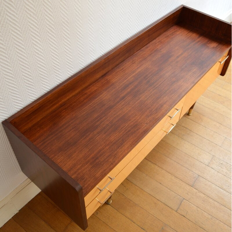 Vintage small sideboard with 2 large drawers and brass handles - 1950s