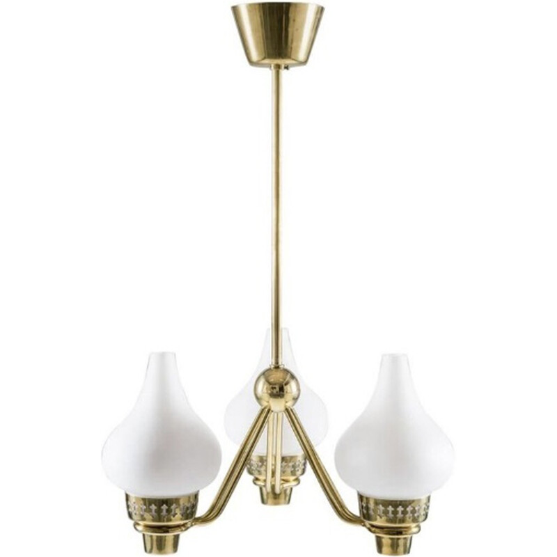 Vintage brass and opal glass chandelier by Hans Bergström for Asea, Sweden 1950