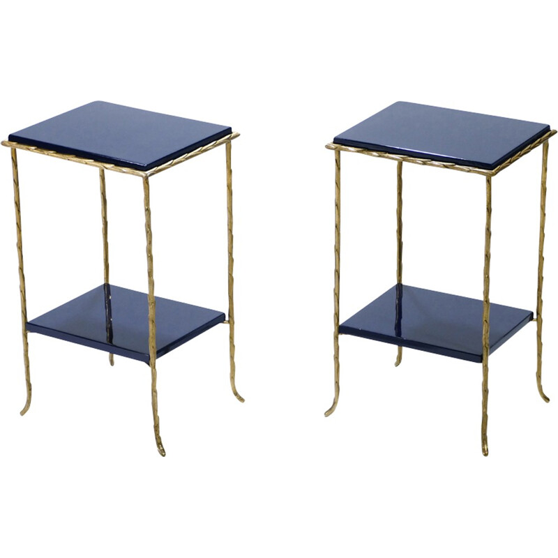 Set of 2 Vintage bronze side tables in blue color - 1960s