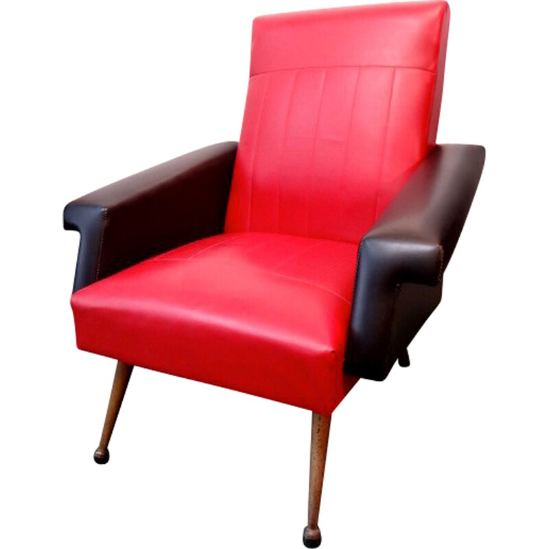 Red and black mid-century armchair in leatherette - 1960s