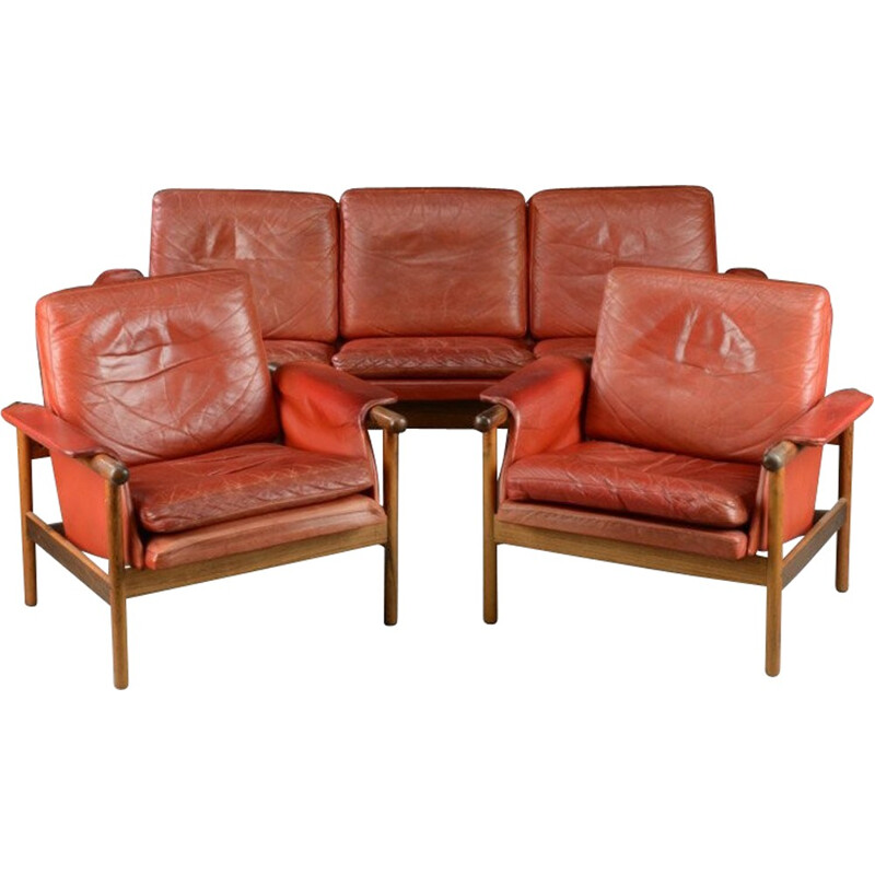 Rood leer en rozenhout lounge set - 1960