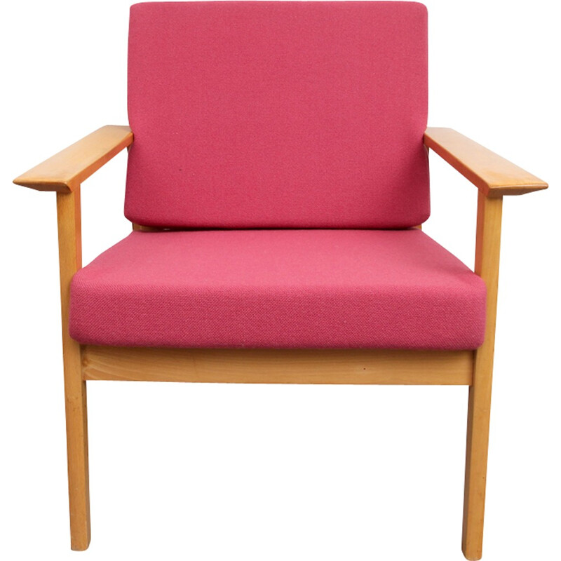 Fauteuil rose vintage en frêne massif - 1960