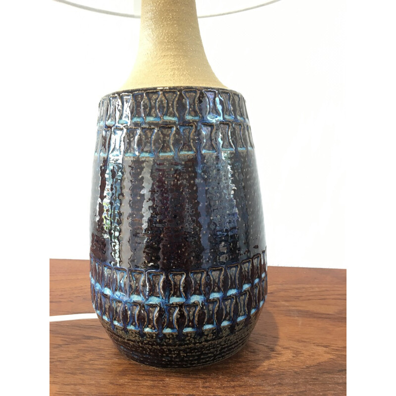 Large Vintage Blue Danish Ceramic Lamp with Geometrical Pattern by Soholm Stentoj - 1970s