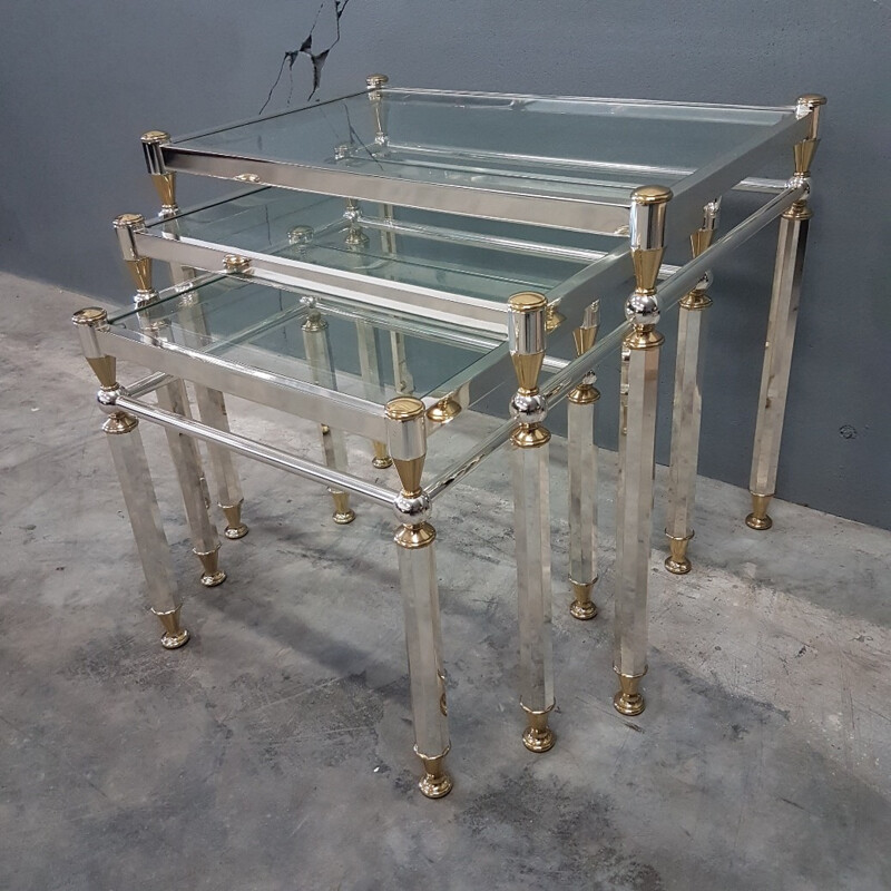 Set of 3 vintage nesting tables in silvered brass - 1980s