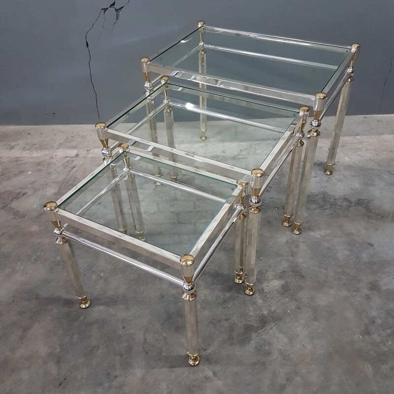 Set of 3 vintage nesting tables in silvered brass - 1980s