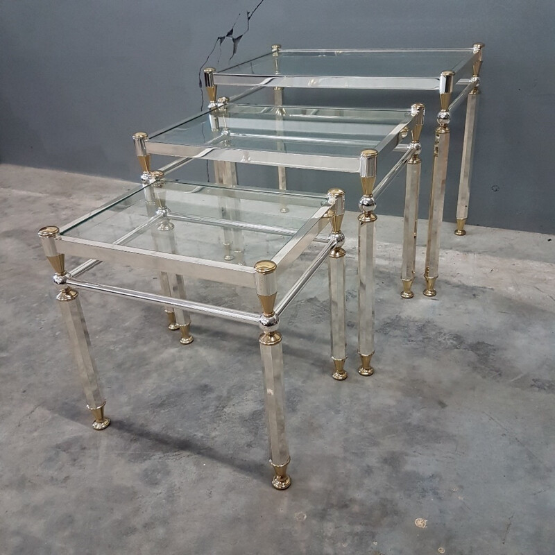 Set of 3 vintage nesting tables in silvered brass - 1980s